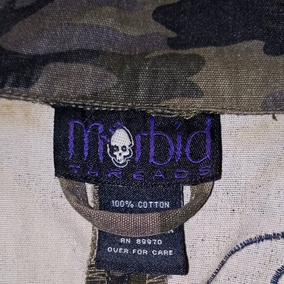 Morbid Threads Denim Military Jacket Embroidery Beaded Camouflage Women's XL - Picture 12 of 16